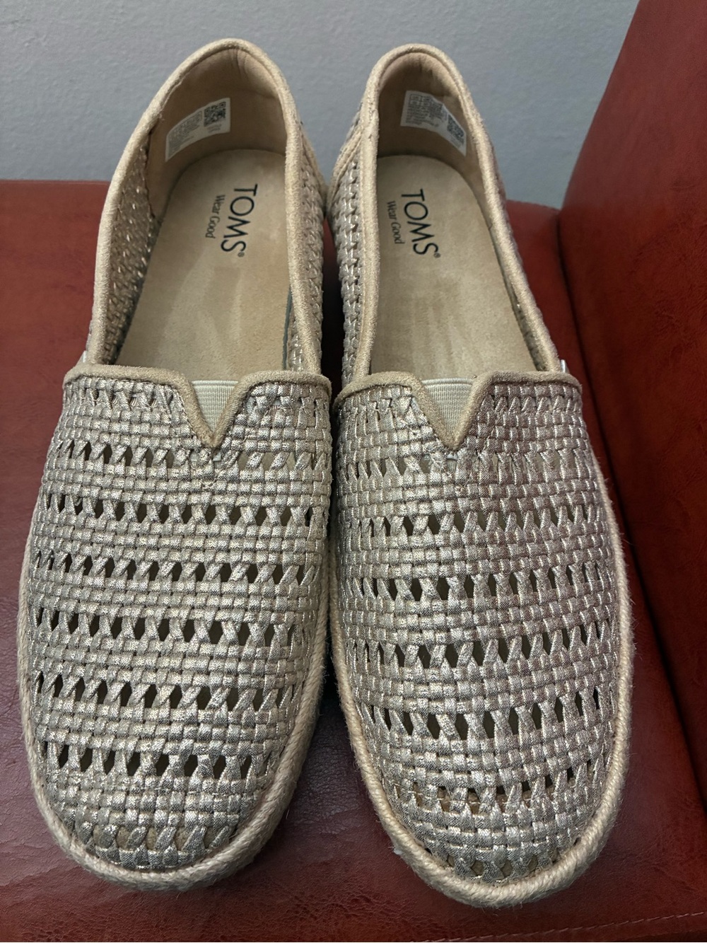Tom’s Valencia platform espadrille in champagne metallic basket weave SZ 12 NWOB - Picture 2 of 9